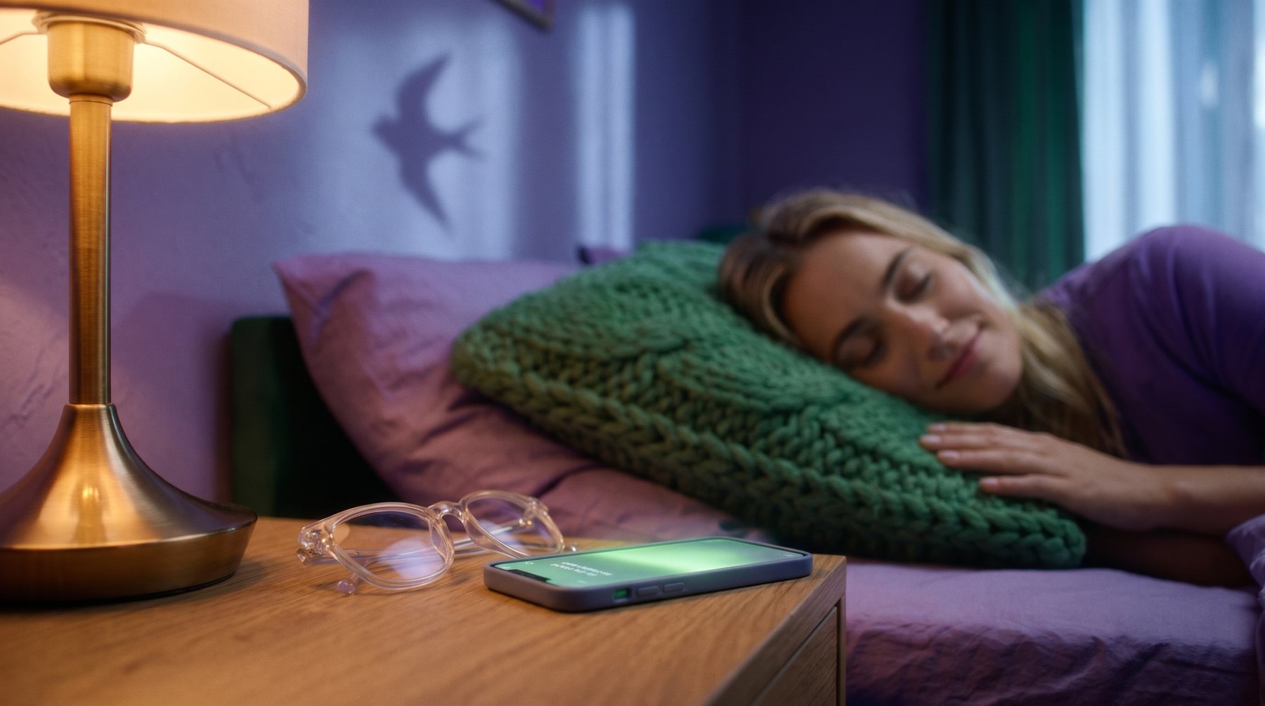 Okulary na szafce i rozświetlony telefon nocą